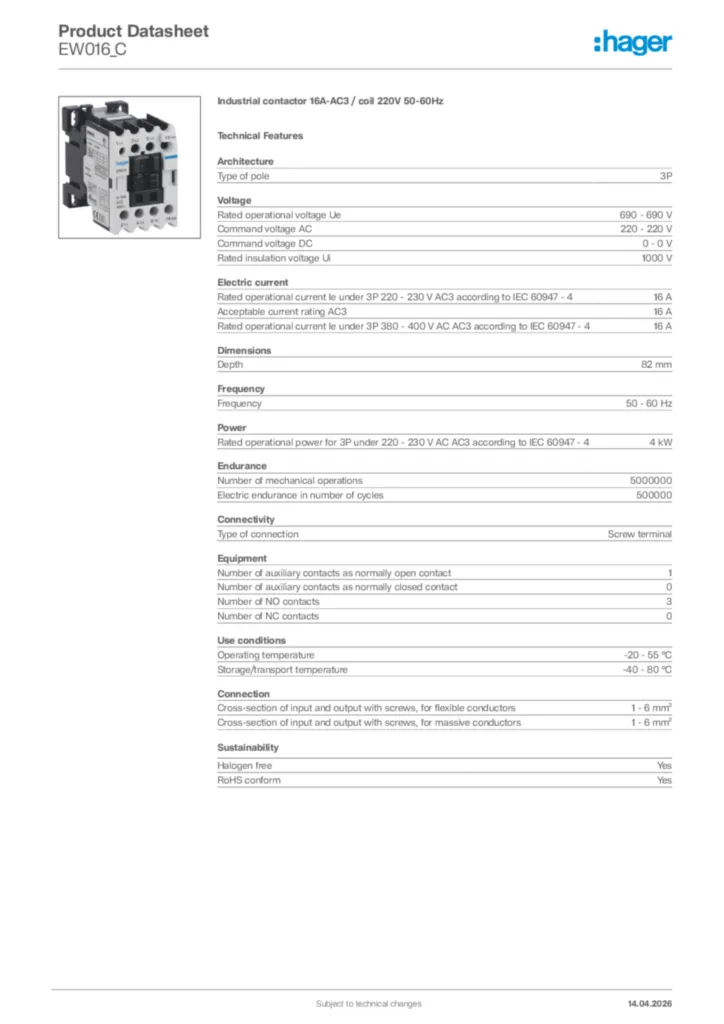 Image Hager Product data sheet EW016_C  | Hager