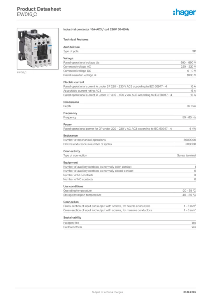Image Hager Product data sheet EW016_C  | Hager