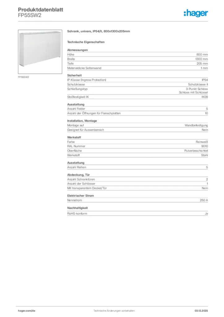 Bild Hager Produktdatenblatt FP55SW2 | Hager Deutschland