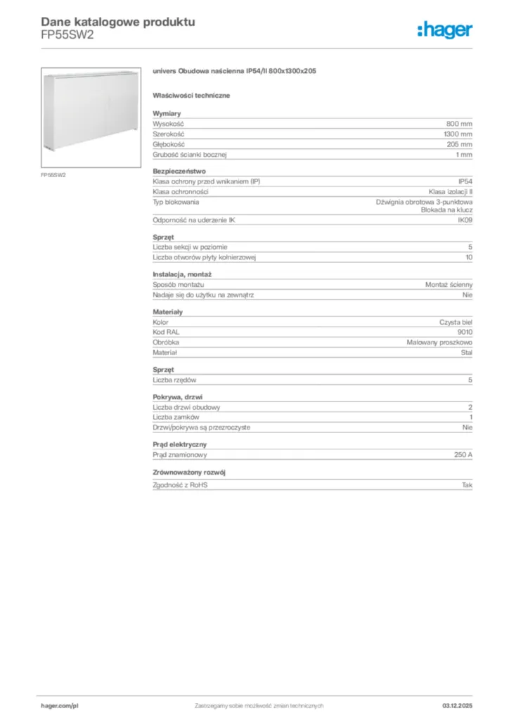 Zdjęcie Hager Karta katalogowa FP55SW2 | Hager Polska