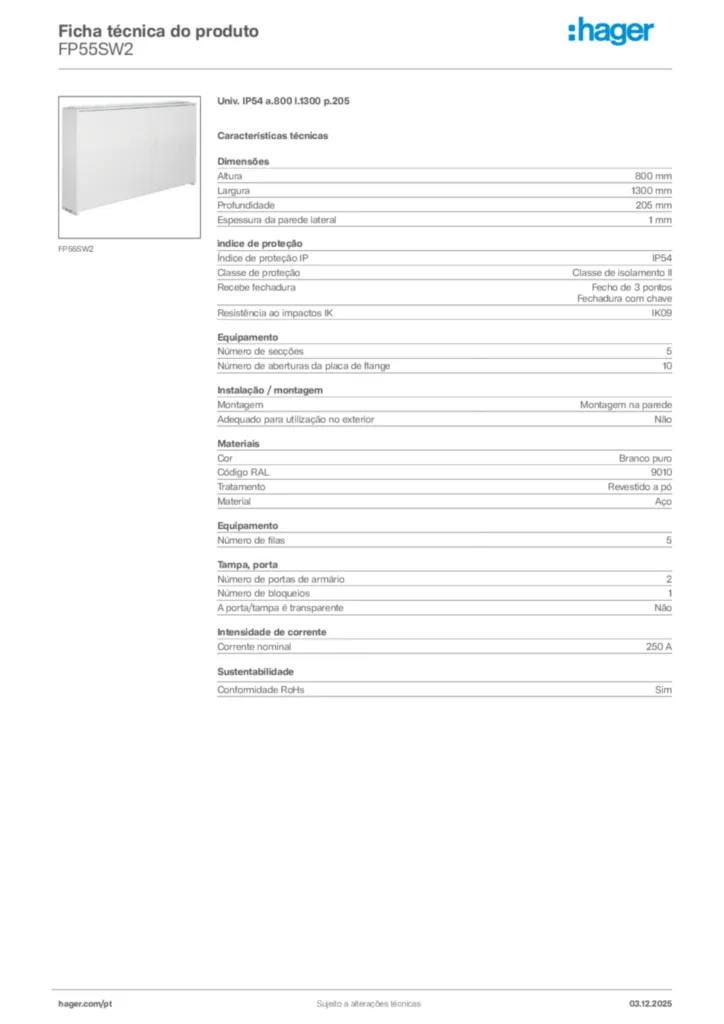Imagem Hager Ficha técnica do produto FP55SW2 | Hager Portugal