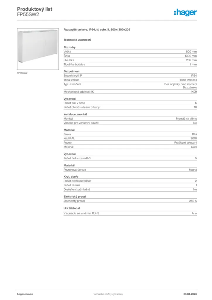 Obrázek Hager Product data sheet FP55SW2 | Hager