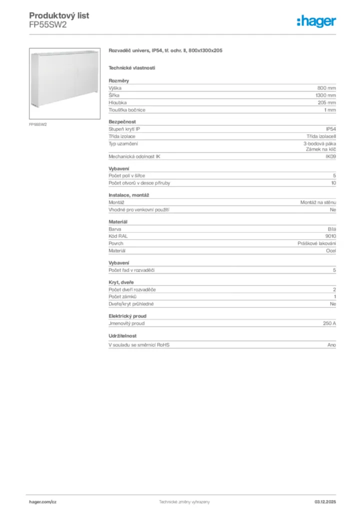 Obrázek Hager Product data sheet FP55SW2 | Hager