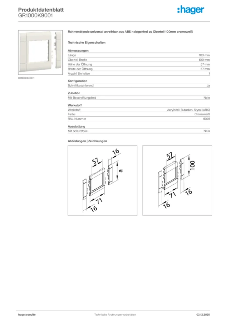 Bild Hager Produktdatenblatt GR1000K9001 | Hager Deutschland