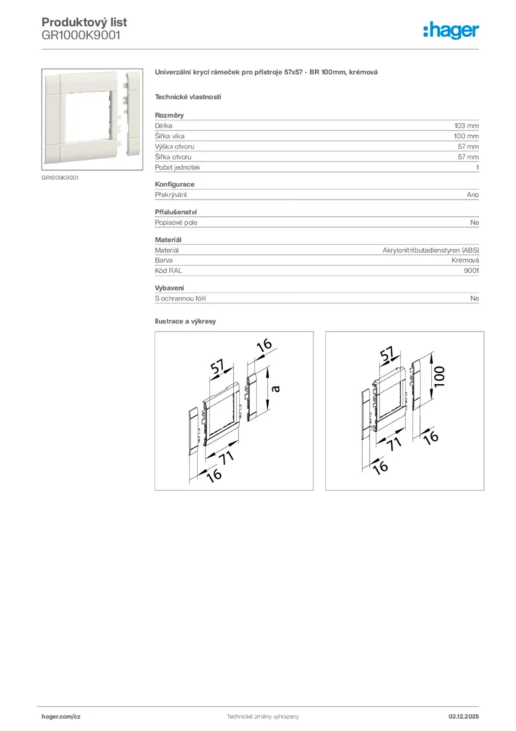 Obrázek Hager Product data sheet GR1000K9001 | Hager