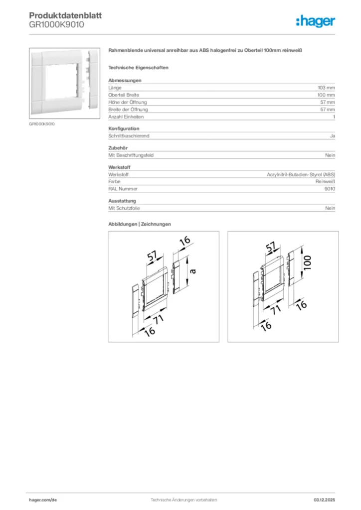 Bild Hager Produktdatenblatt GR1000K9010 | Hager Deutschland