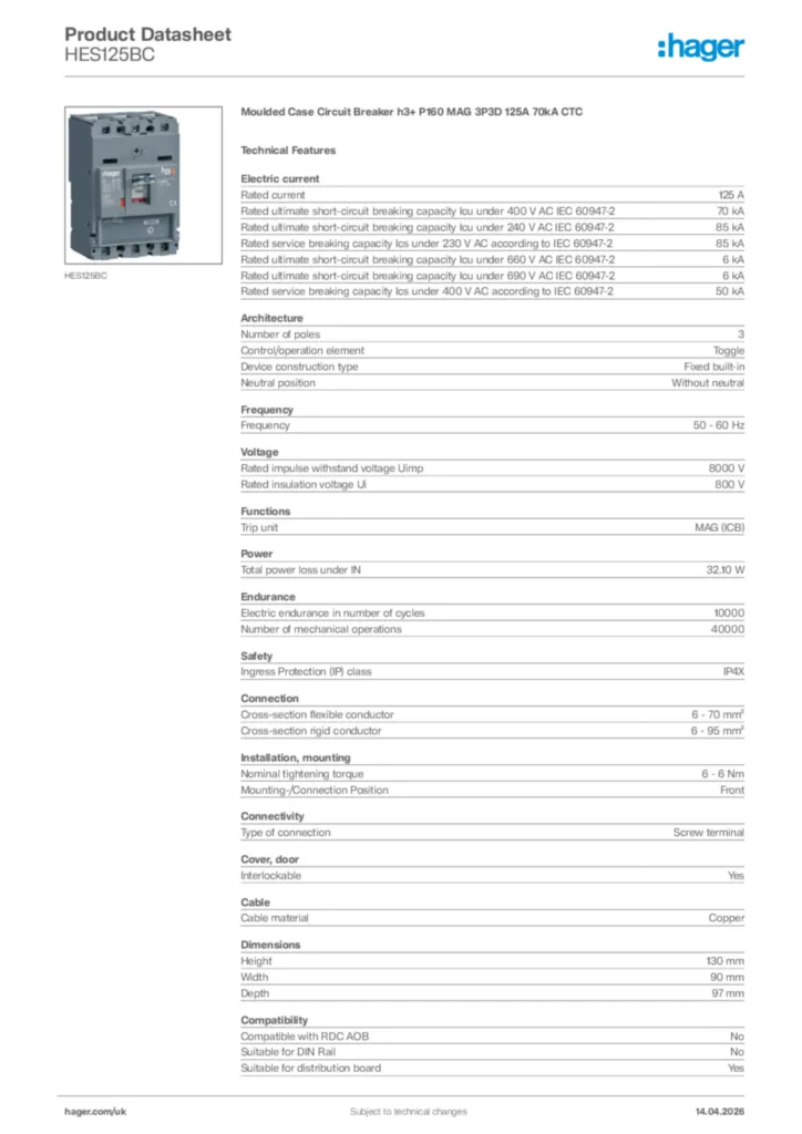 Image Hager Product data sheet HES125BC  | Hager