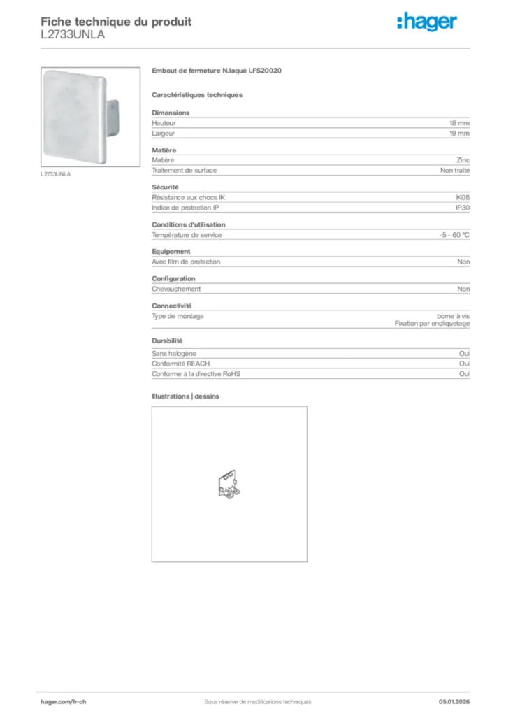 Image Hager Fiche technique du produit L2733UNLA | Hager Suisse