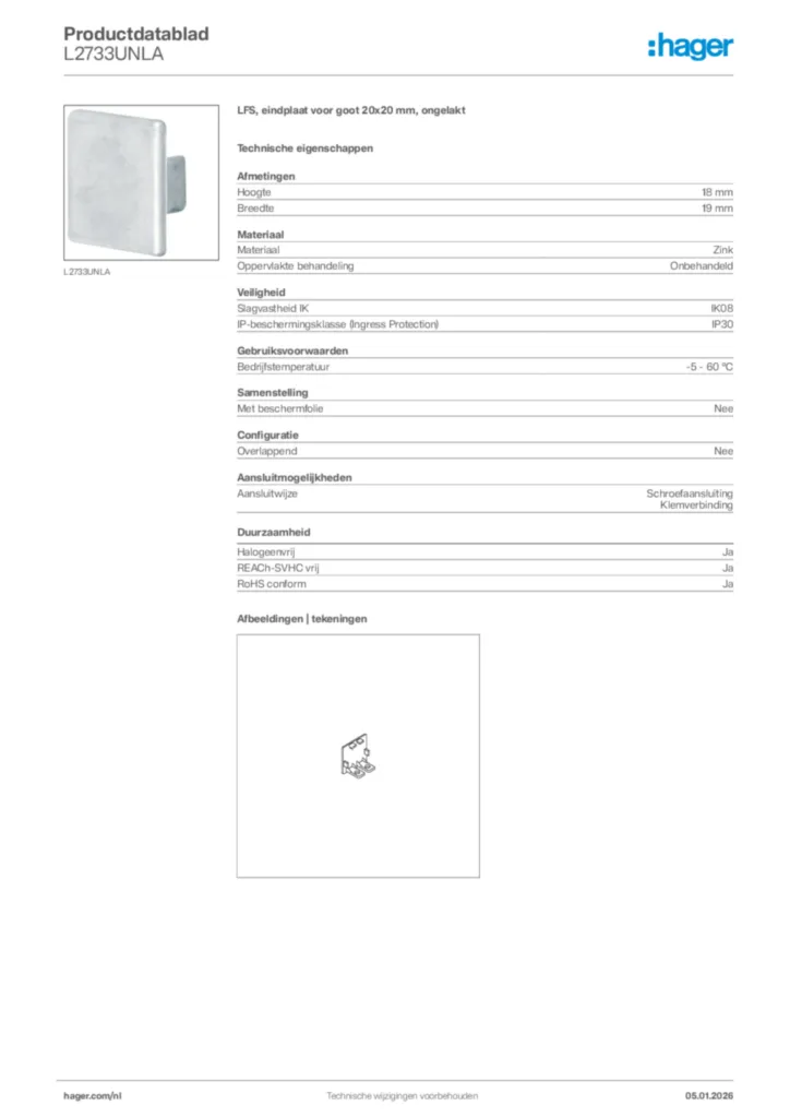 Afbeelding Hager Productdatablad L2733UNLA | Hager Nederland