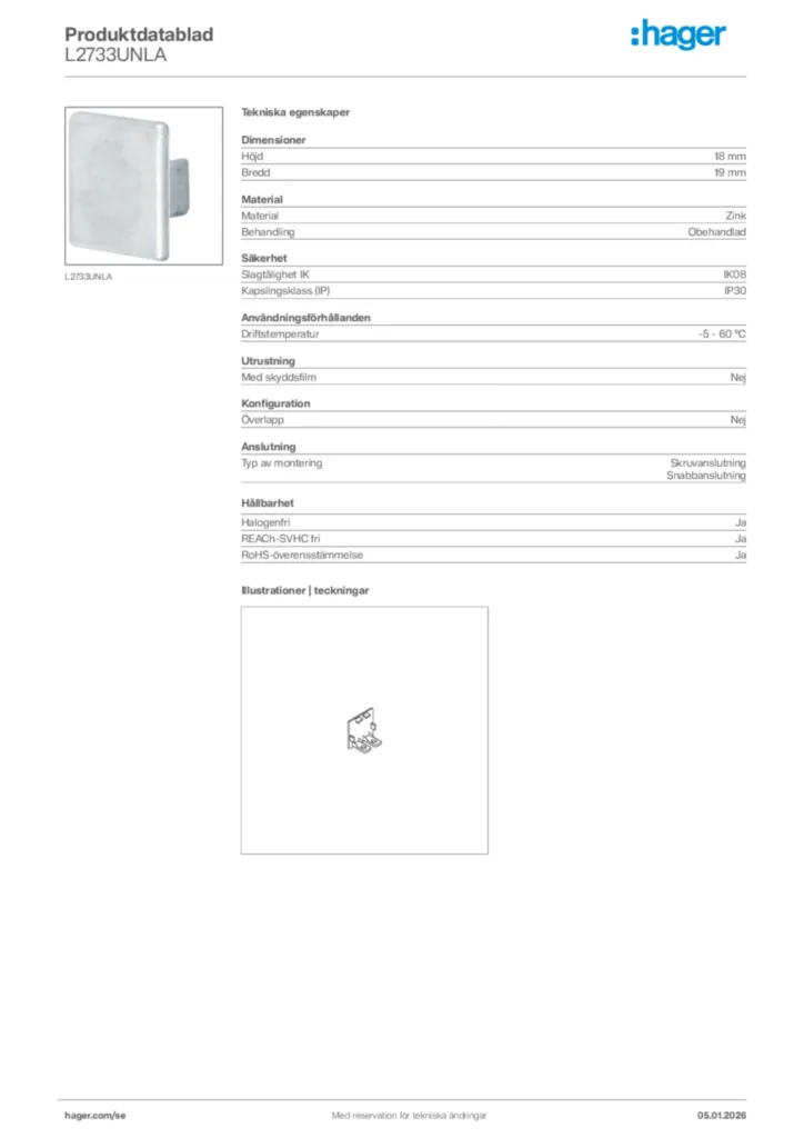 Bild Hager Produktdatablad L2733UNLA | Hager Sverige