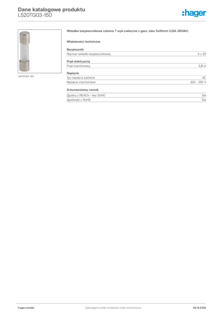 Zdjęcie Hager Karta katalogowa L520TG03-150 | Hager Polska