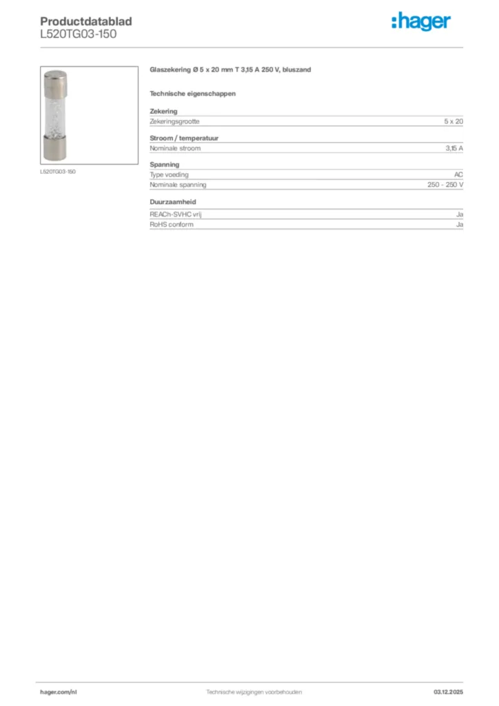 Afbeelding Hager Productdatablad L520TG03-150 | Hager Nederland
