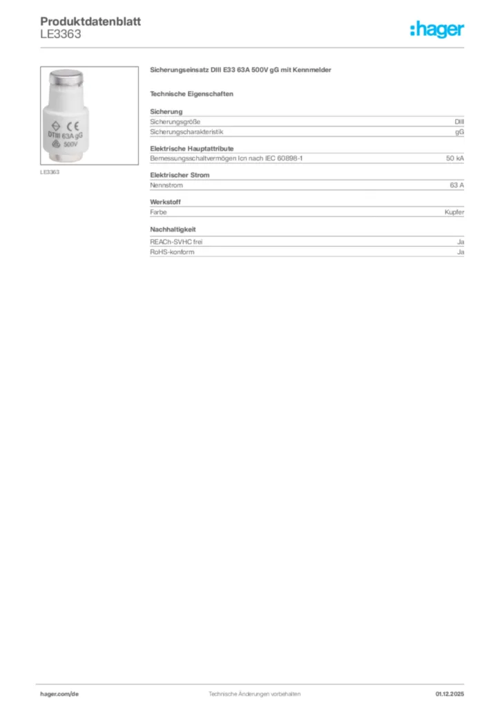 Bild Hager Produktdatenblatt LE3363 | Hager Deutschland