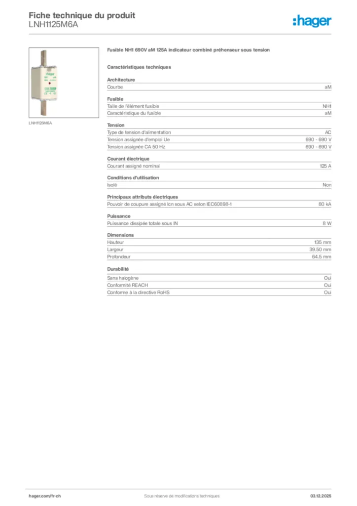 Image Hager Fiche technique du produit LNH1125M6A | Hager Suisse