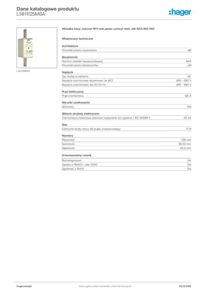 Zdjęcie Hager Dane katalogowe produktu LNH1125M6A | Hager Polska