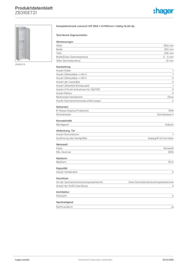 Bild Hager Produktdatenblatt ZB31SET21 | Hager Deutschland