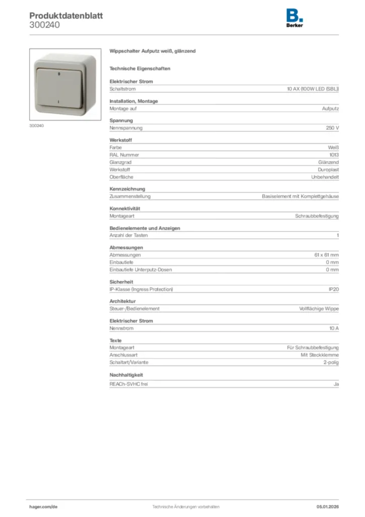 Bild Berker Produktdatenblatt 300240 | Hager Deutschland