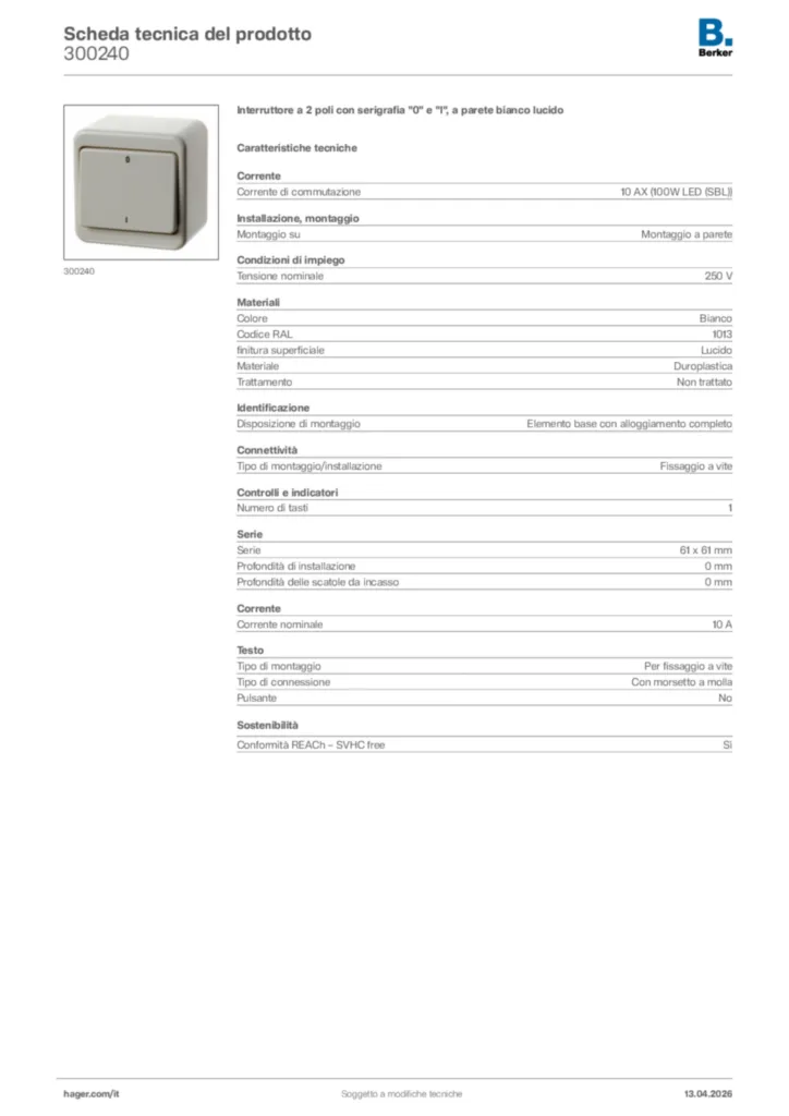 Immagine Berker Scheda tecnica del prodotto 300240 | Hager Italia