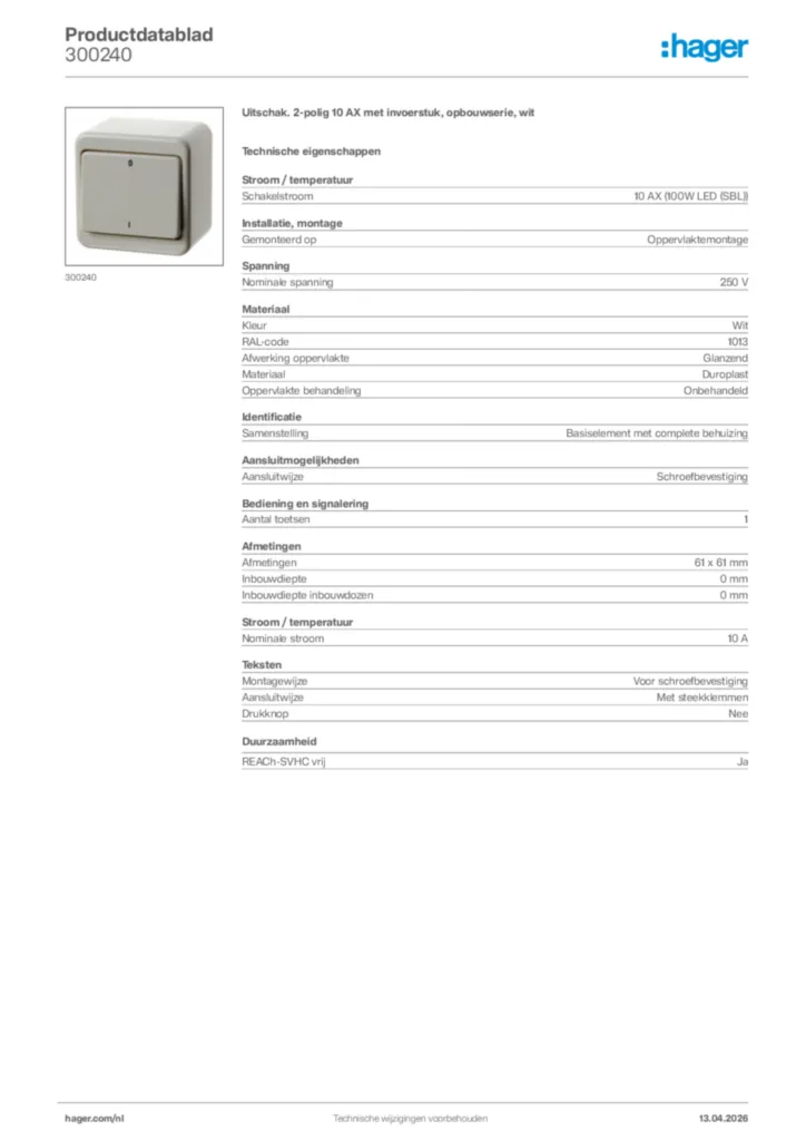 Afbeelding Hager Productdatablad 300240 | Hager Nederland