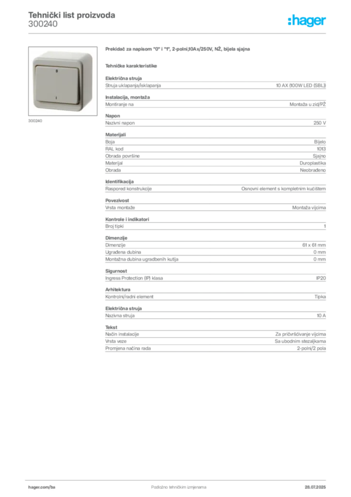 Slika Hager Product data sheet 300240  | Hager