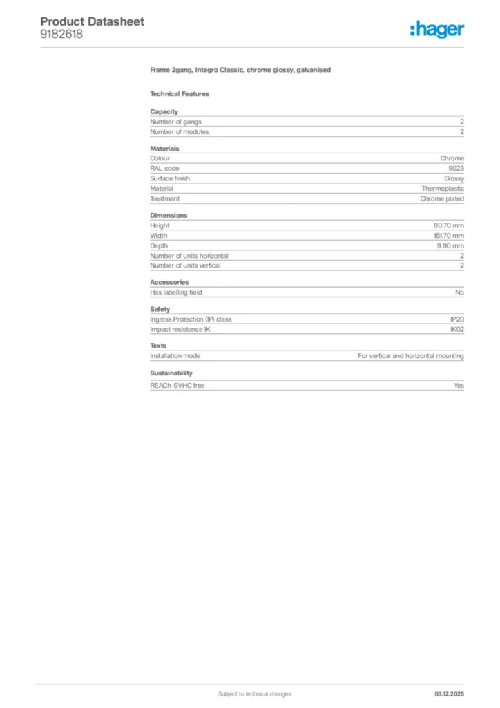 Image Hager Product data sheet 9182618  | Hager