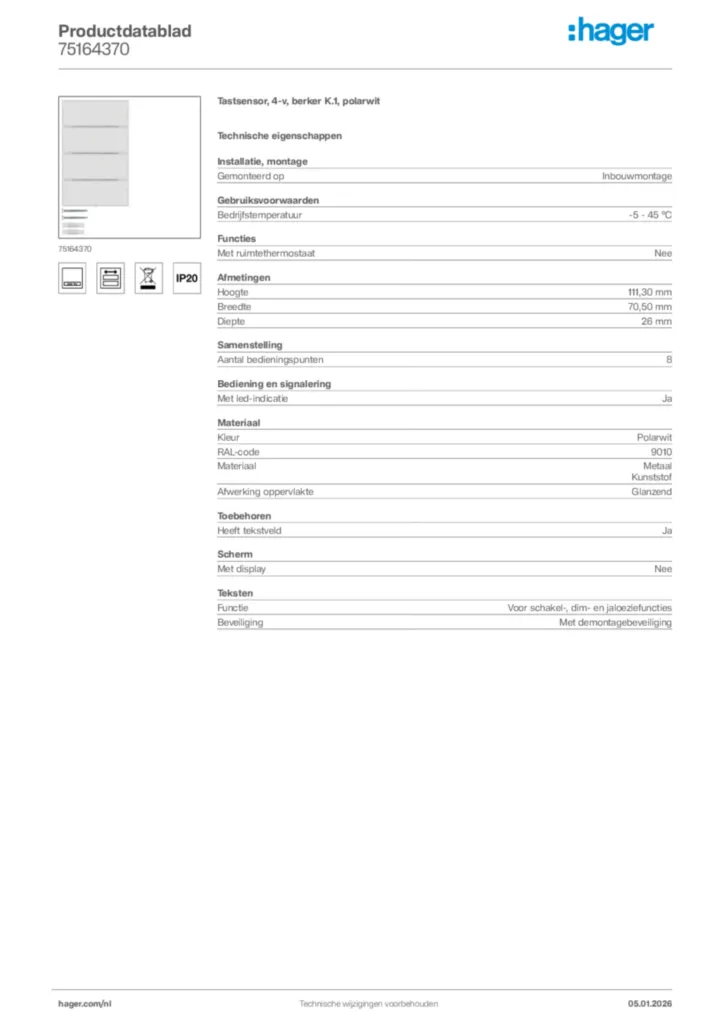 Afbeelding Hager Productdatablad 75164370 | Hager Nederland
