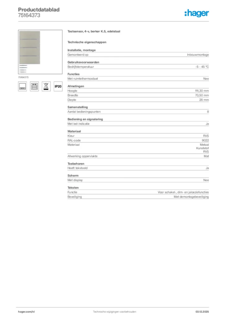 Afbeelding Hager Productdatablad 75164373 | Hager Nederland