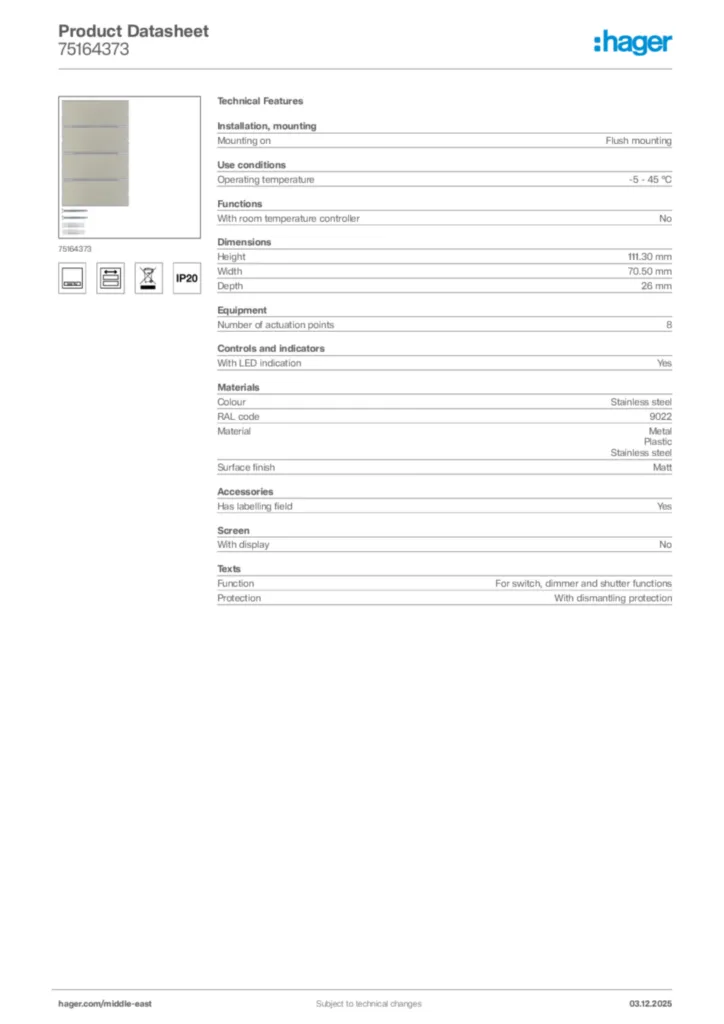 Image Hager Product data sheet 75164373  | Hager