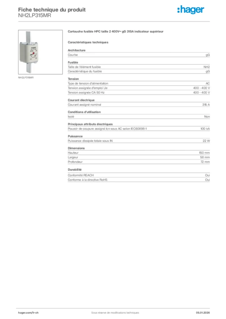 Image Hager Fiche technique du produit NH2LP315MR | Hager Suisse