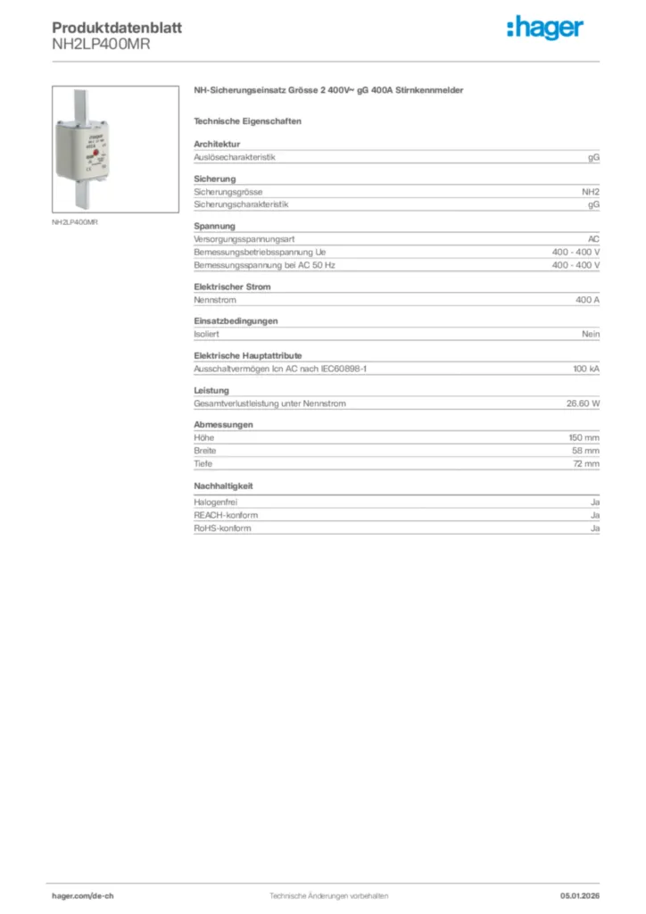 Bild Hager Produktdatenblatt NH2LP400MR | Hager Schweiz
