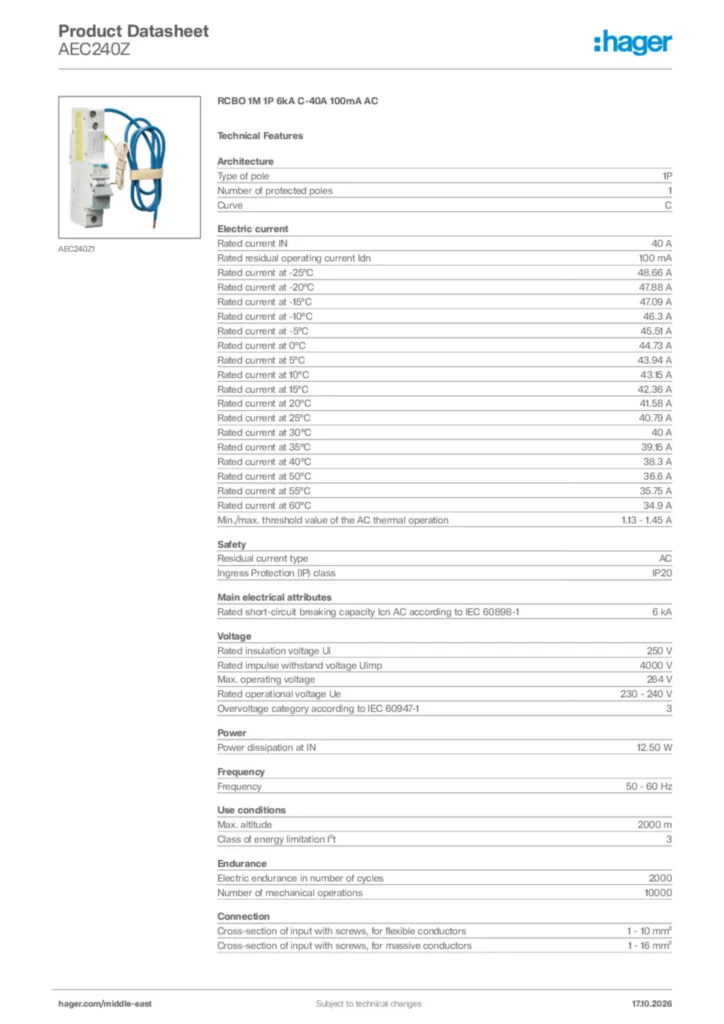 Image Hager Product data sheet AEC240Z  | Hager