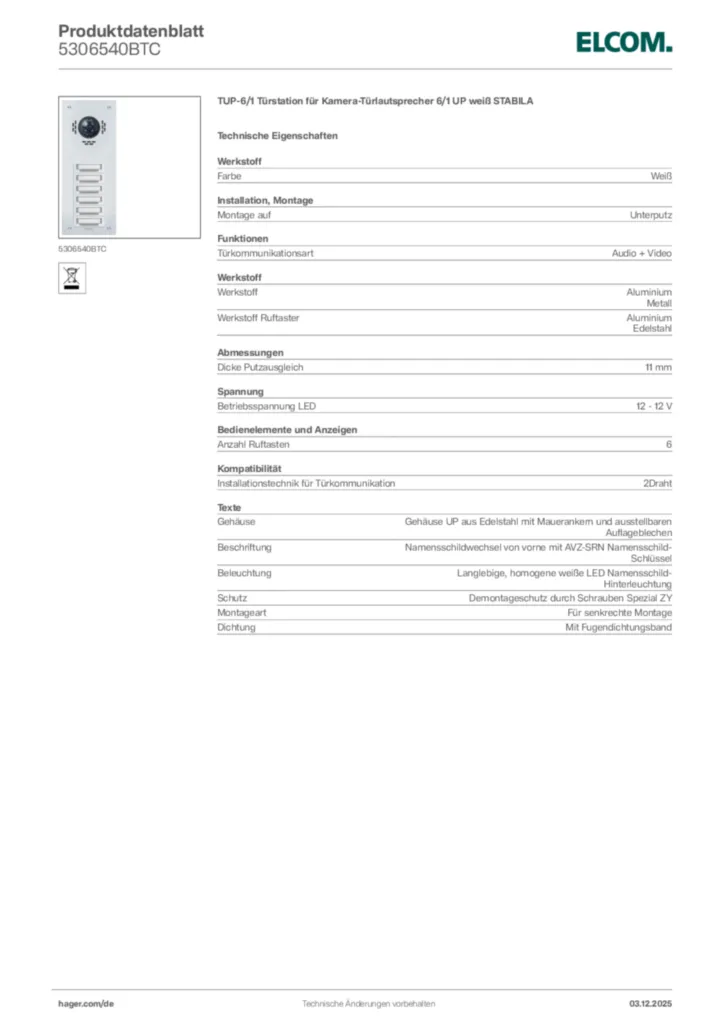 Bild Elcom Produktdatenblatt 5306540BTC | Hager Deutschland