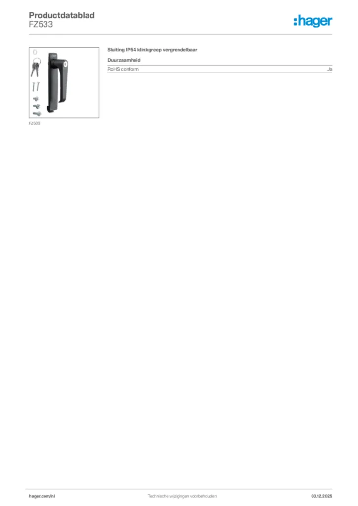 Afbeelding Hager Productdatablad FZ533 | Hager Nederland