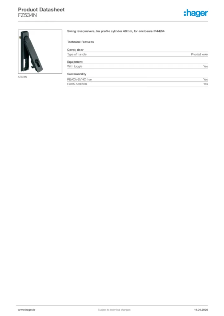 Image Hager Product data sheet FZ534N  | Hager