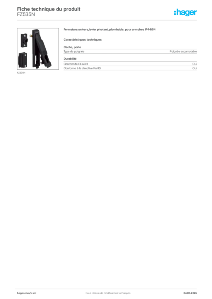 Image Hager Fiche technique du produit FZ535N | Hager Suisse
