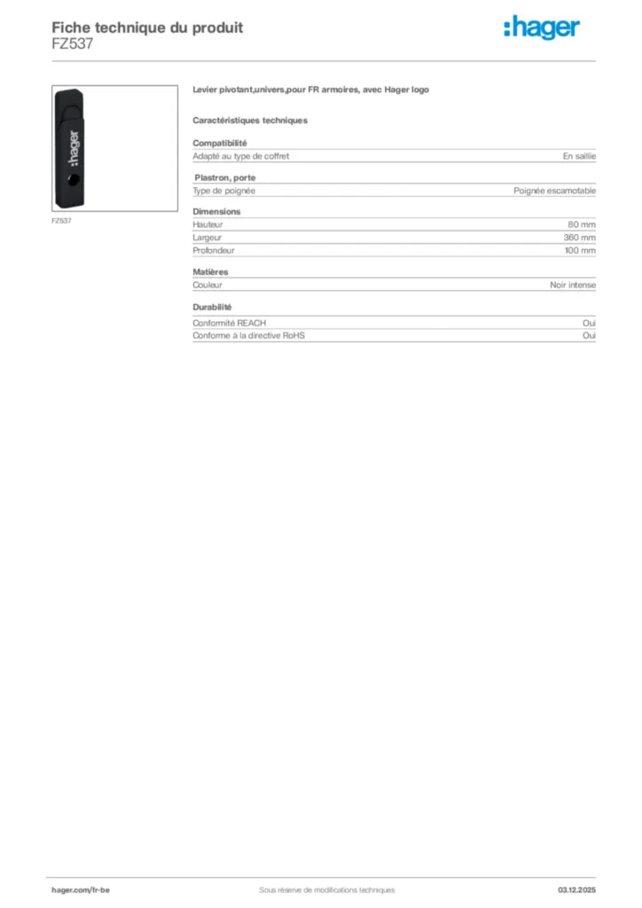 Image Hager Fiche technique du produit FZ537 | Hager Belgique