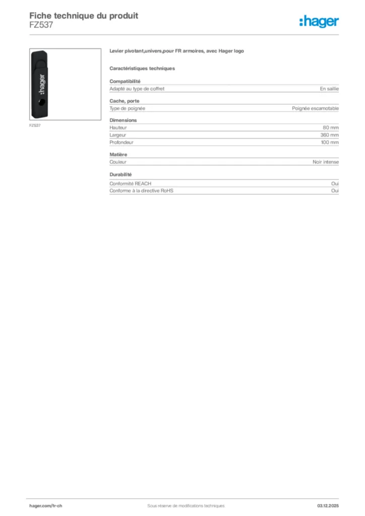Image Hager Fiche technique du produit FZ537 | Hager Suisse