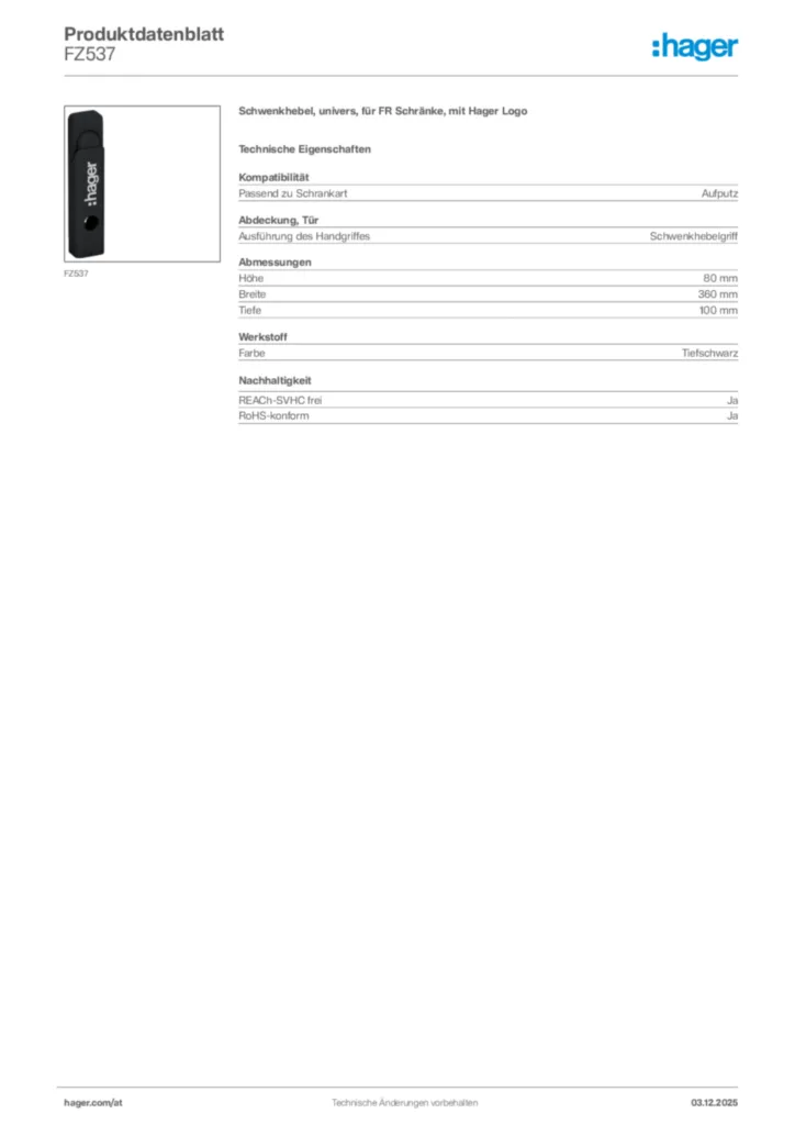 Bild Hager Produktdatenblatt FZ537 | Hager Deutschland