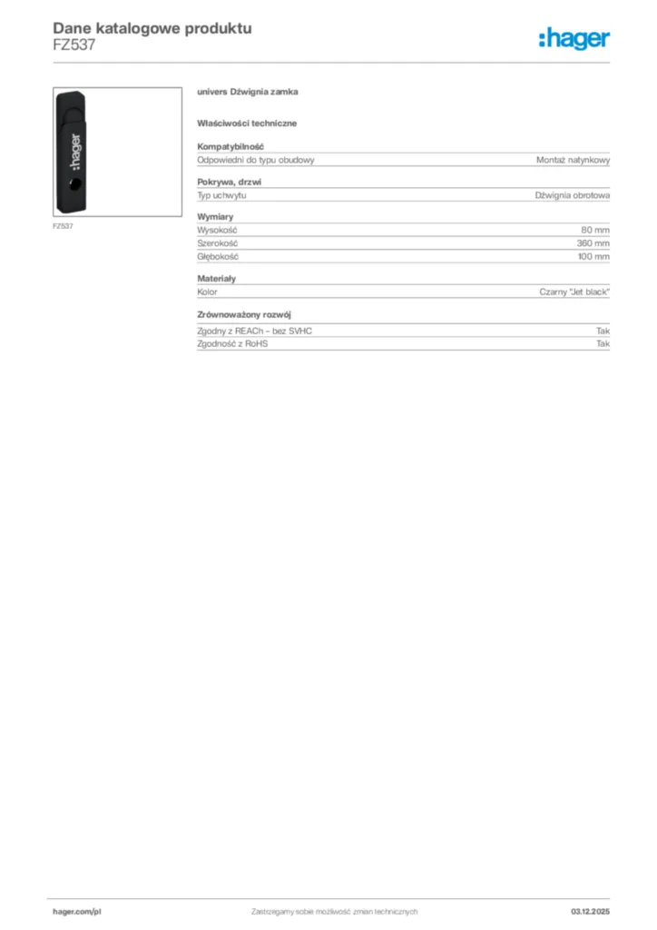 Zdjęcie Hager Karta katalogowa FZ537 | Hager Polska