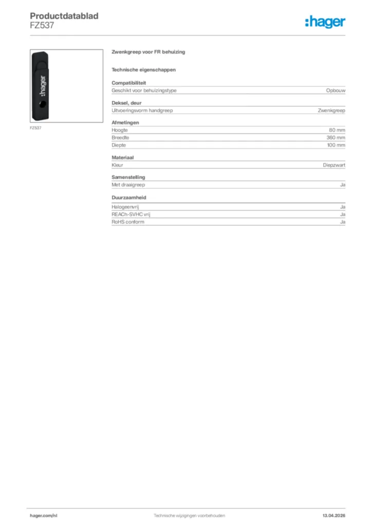 Afbeelding Hager Productdatablad FZ537 | Hager Nederland