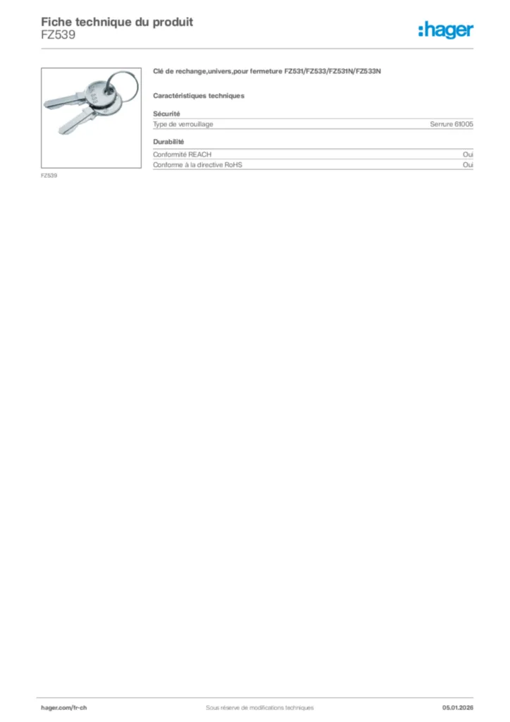 Image Hager Fiche technique du produit FZ539 | Hager Suisse
