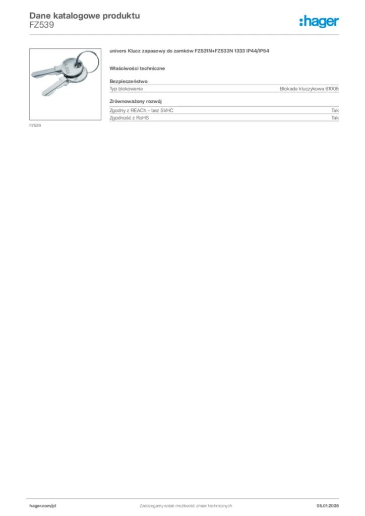 Zdjęcie Hager Karta katalogowa FZ539 | Hager Polska