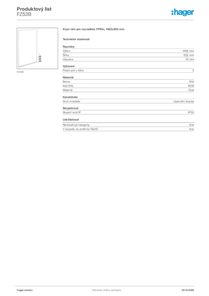 Obrázek Hager Product data sheet FZ53B | Hager