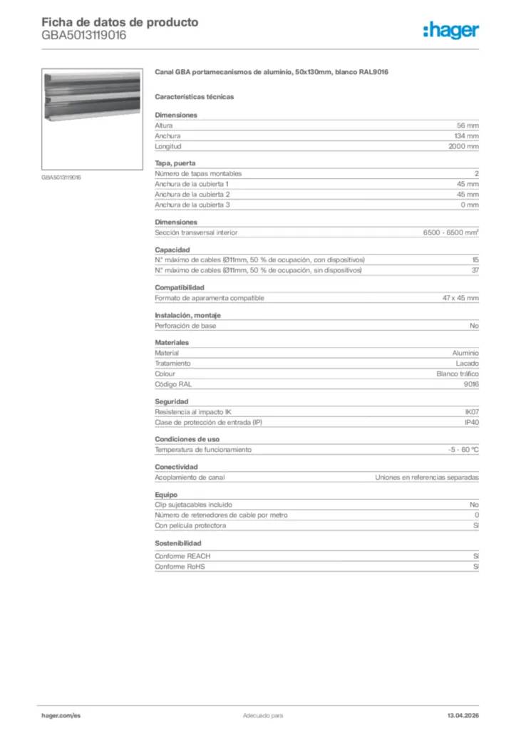Imagen Hager Ficha de datos de producto GBA5013119016 | Hager España
