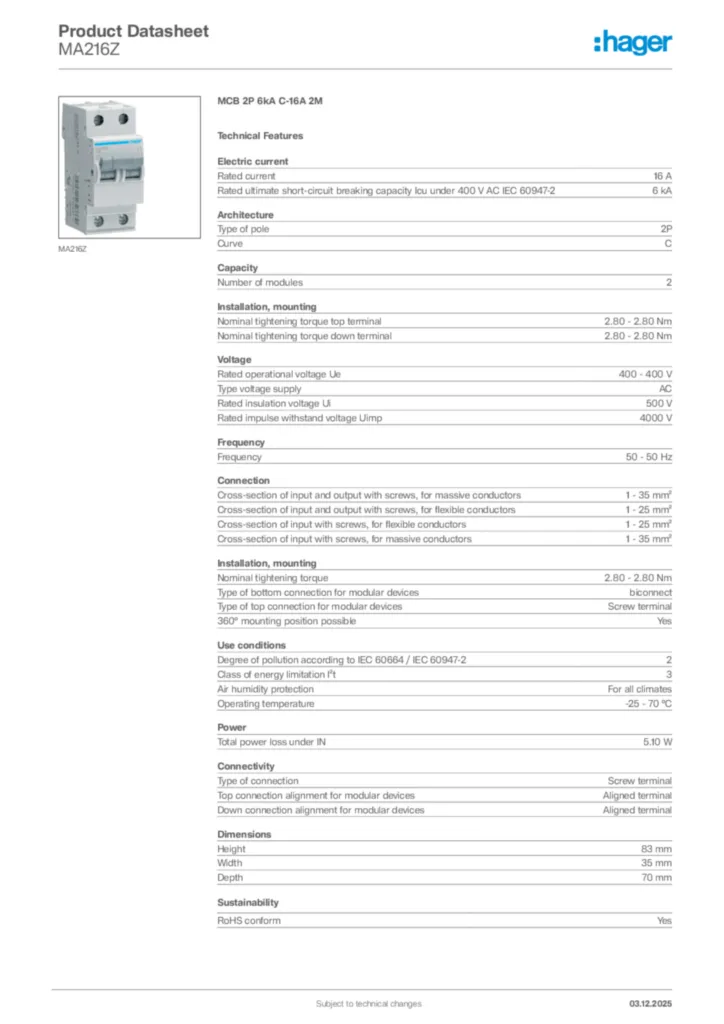 Image Hager Product data sheet MA216Z  | Hager Africa