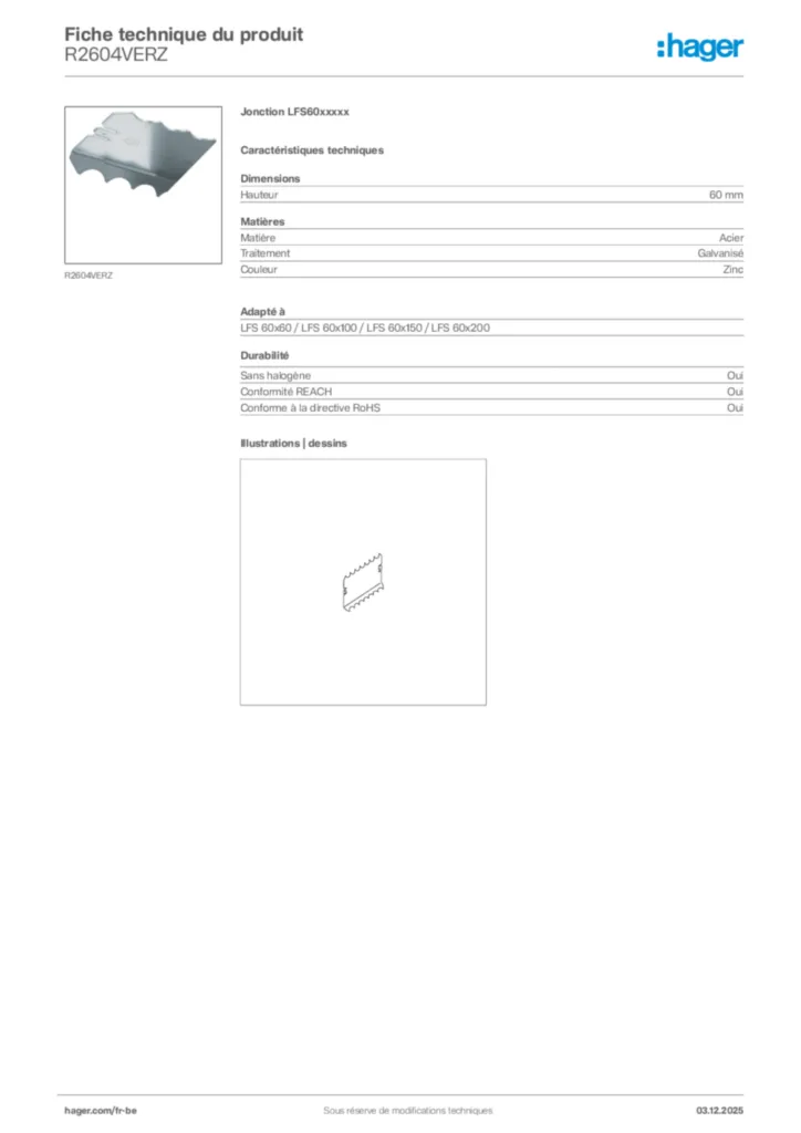 Image Hager Fiche technique du produit R2604VERZ | Hager Belgique