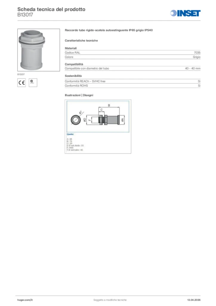 Immagine Inset Scheda tecnica del prodotto B13017 | Hager Italia