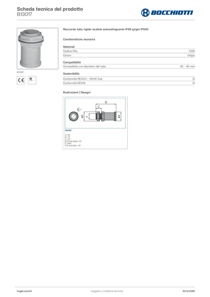 Immagine Bocchiotti Scheda tecnica del prodotto B13017 | Hager Italia