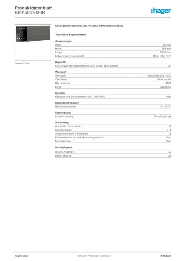 Bild Hager Produktdatenblatt B6015007030B | Hager Deutschland
