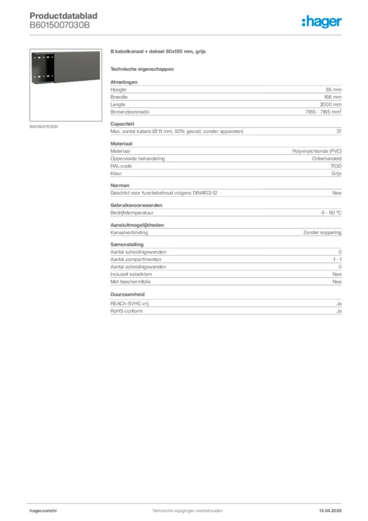Afbeelding Hager Productdatablad B6015007030B | Hager Nederland